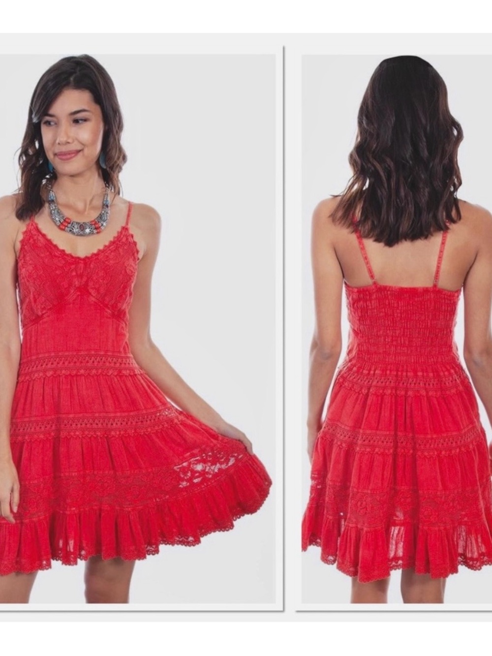 Scully Copper Spaghetti Strap Womens Dress Red Cotton Crochet Boho Western Chic